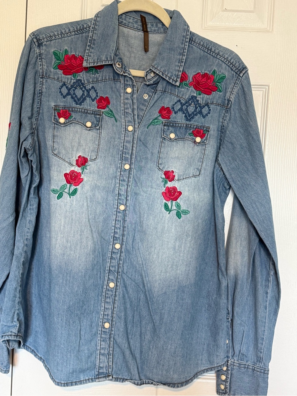 Stetson Light Blue Denim Button-Down Shirt with Red Rose Embroidery